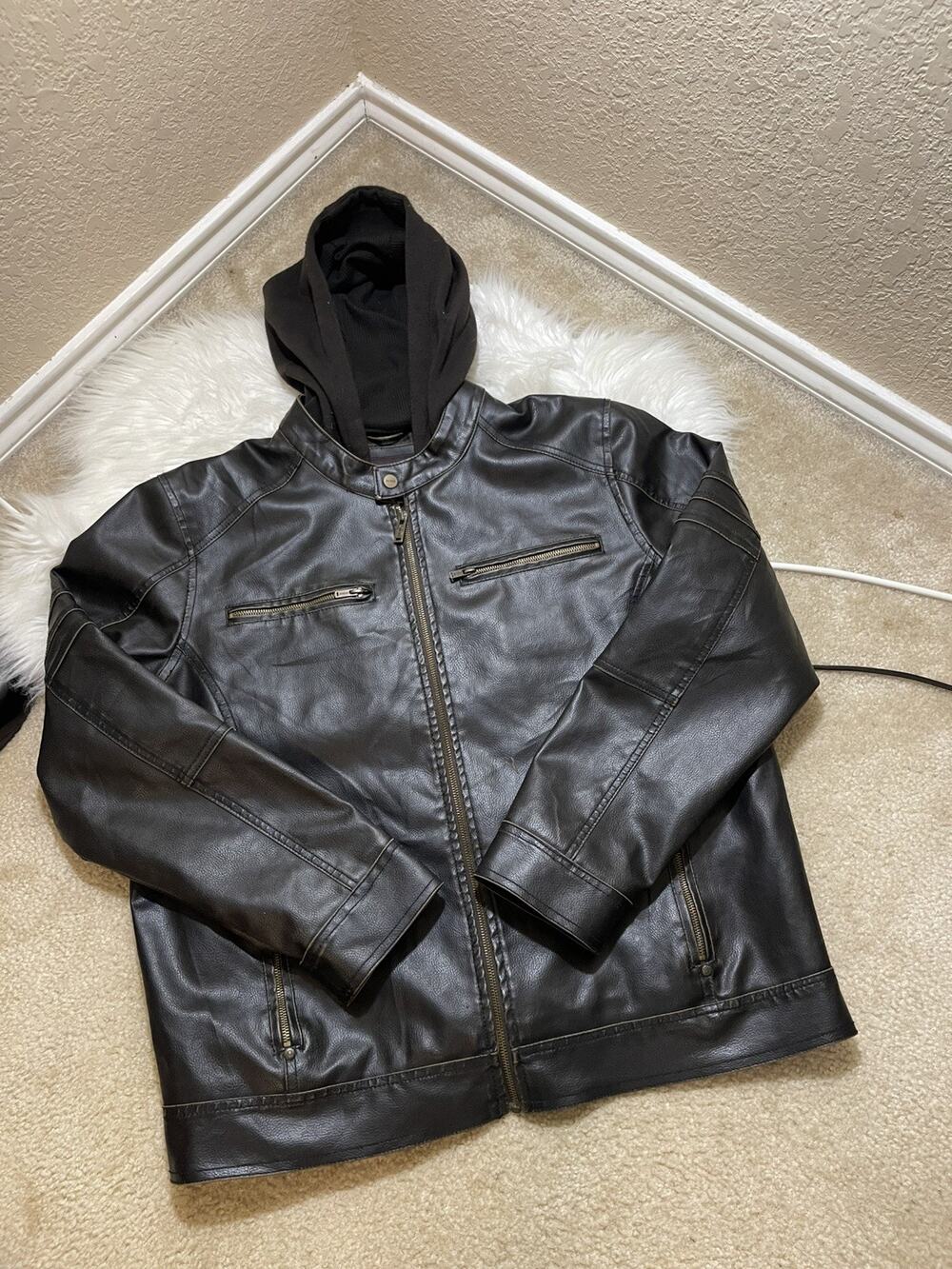VTG GUESS Chocolate Faux Leather Motorcycle Jacket Coat Detachable Hood Mens XL